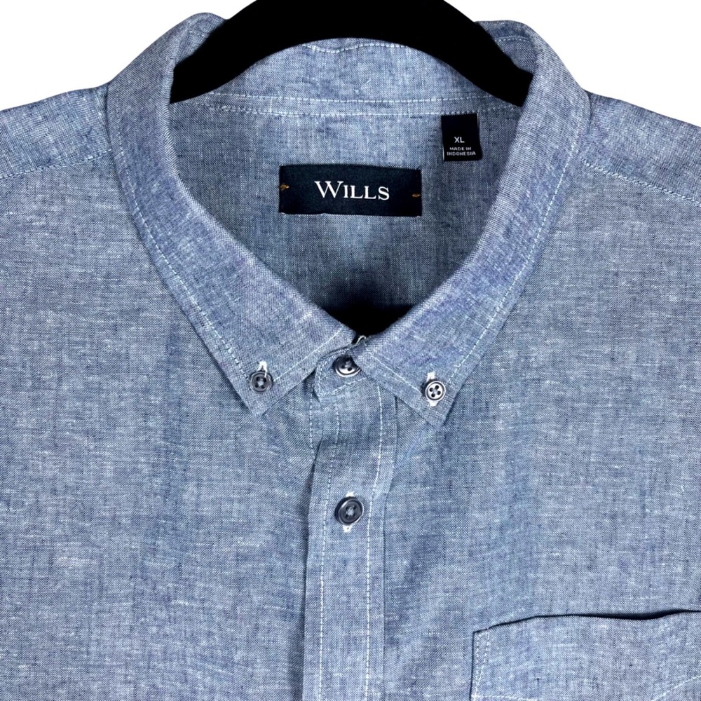 Wills Button Down Shirt Mens XL Blue Linen Blend Long Sleeve Chest Pocket